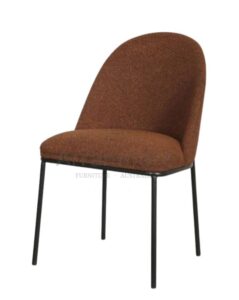 A sleek and modern dining chair upholstered in boucle fabric with a high back for comfort. The chair features a powder-coated black frame for durability and elegance. Available in Terracotta and Oat colors.