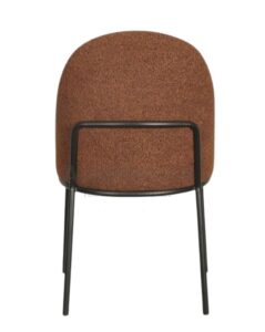 A sleek and modern dining chair upholstered in boucle fabric with a high back for comfort. The chair features a powder-coated black frame for durability and elegance. Available in Terracotta and Oat colors.