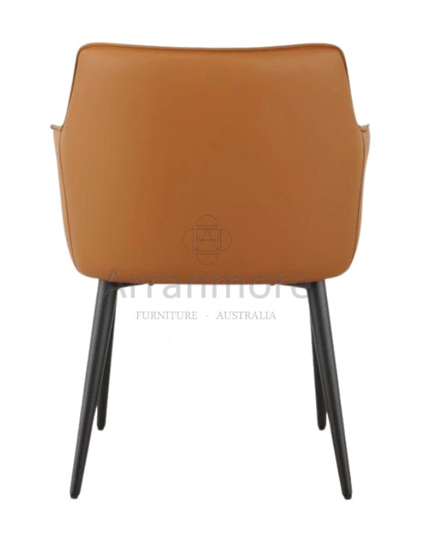 A modern dining chair with fully upholstered design in durable PU material, available in Terracotta or Grey colors.