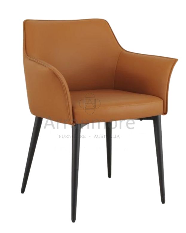 A modern dining chair with fully upholstered design in durable PU material, available in Terracotta or Grey colors.