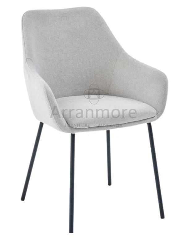 A contemporary dining chair upholstered in textured fabric, featuring a sleek black powder-coated frame. Available in Oat and Grey colors.