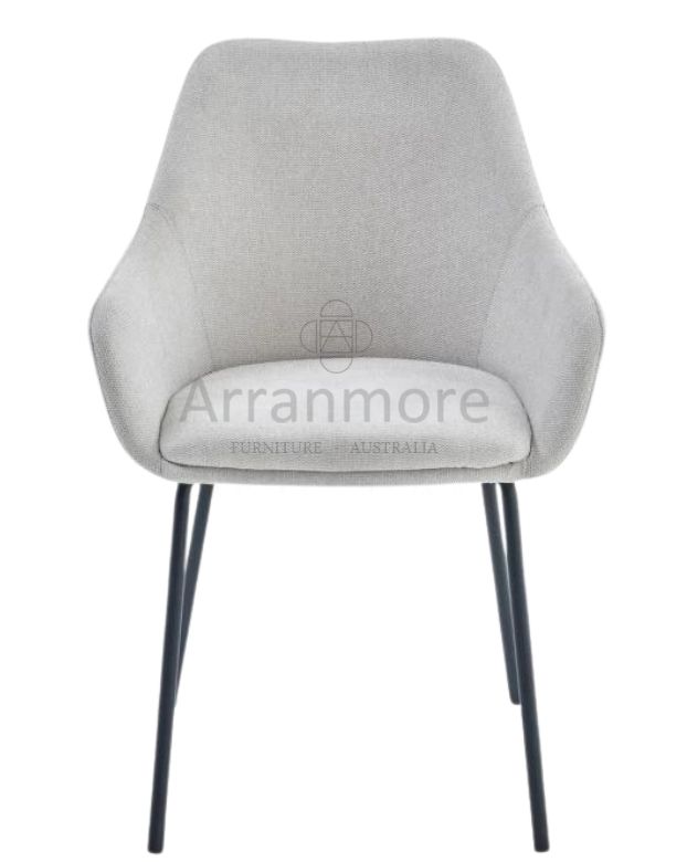 A contemporary dining chair upholstered in textured fabric, featuring a sleek black powder-coated frame. Available in Oat and Grey colors.