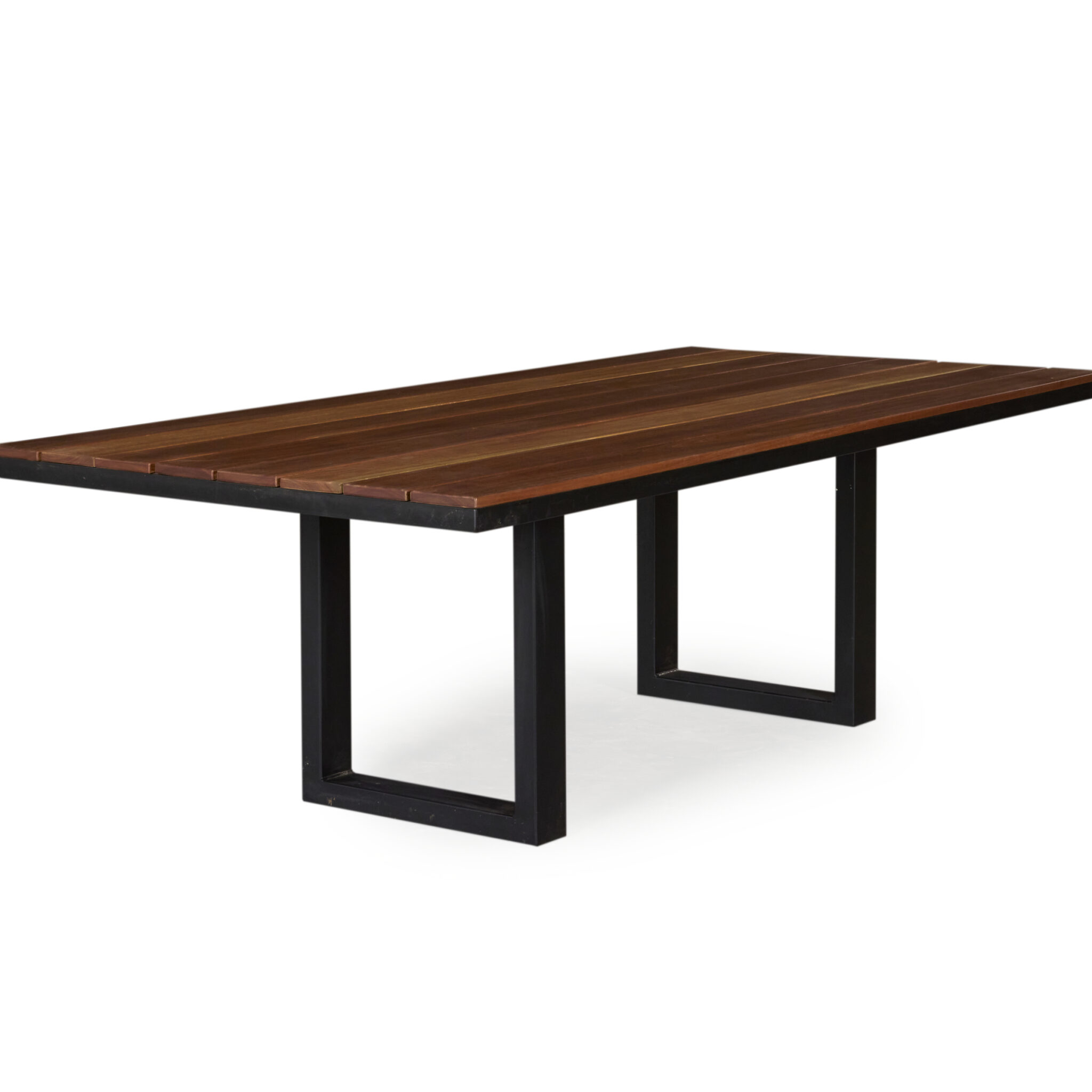 Elate Dining Table: crafted from American Oak timber, dimensions L: 2700mm x W: 1100mm x H: 750mm, custom stain in Brazil, available with U or Klein Steel base." This alt text provides a succinct description of the image and its key details.