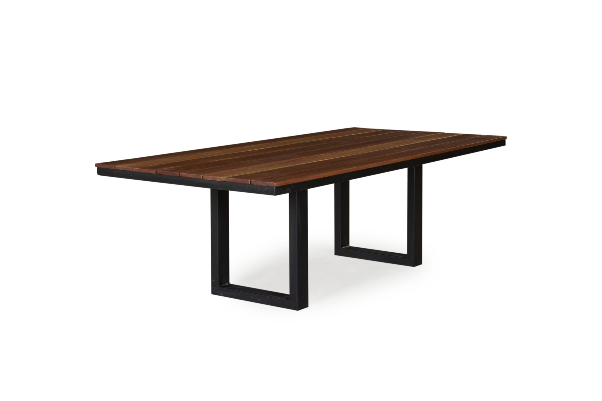 Ascot Outdoor Table: crafted from American Oak timber, dimensions L: 2700mm x W: 1100mm x H: 750mm, custom stain in Brazil, available with U or Klein Steel base." This alt text provides a succinct description of the image and its key details.