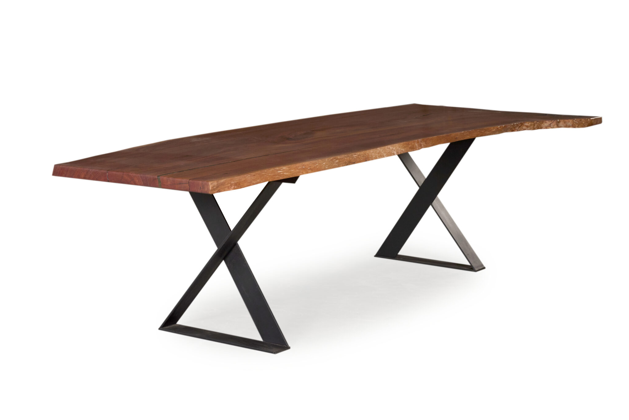 Vaucluse Dining Table: Redgum timber with sleek X leg steel black base and natural edge.