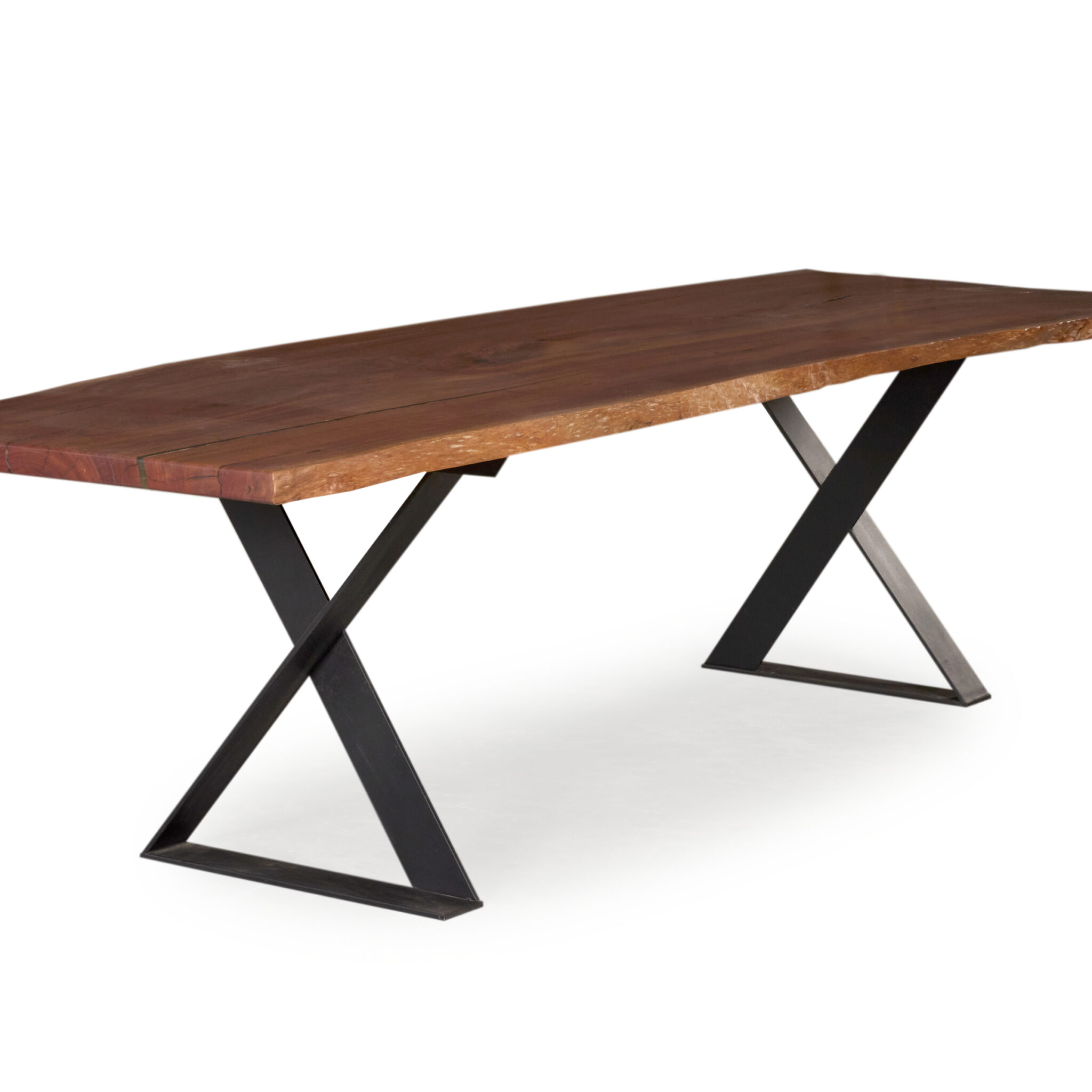 Vaucluse Dining Table Redgum timber with sleek X leg steel black base and natural edge