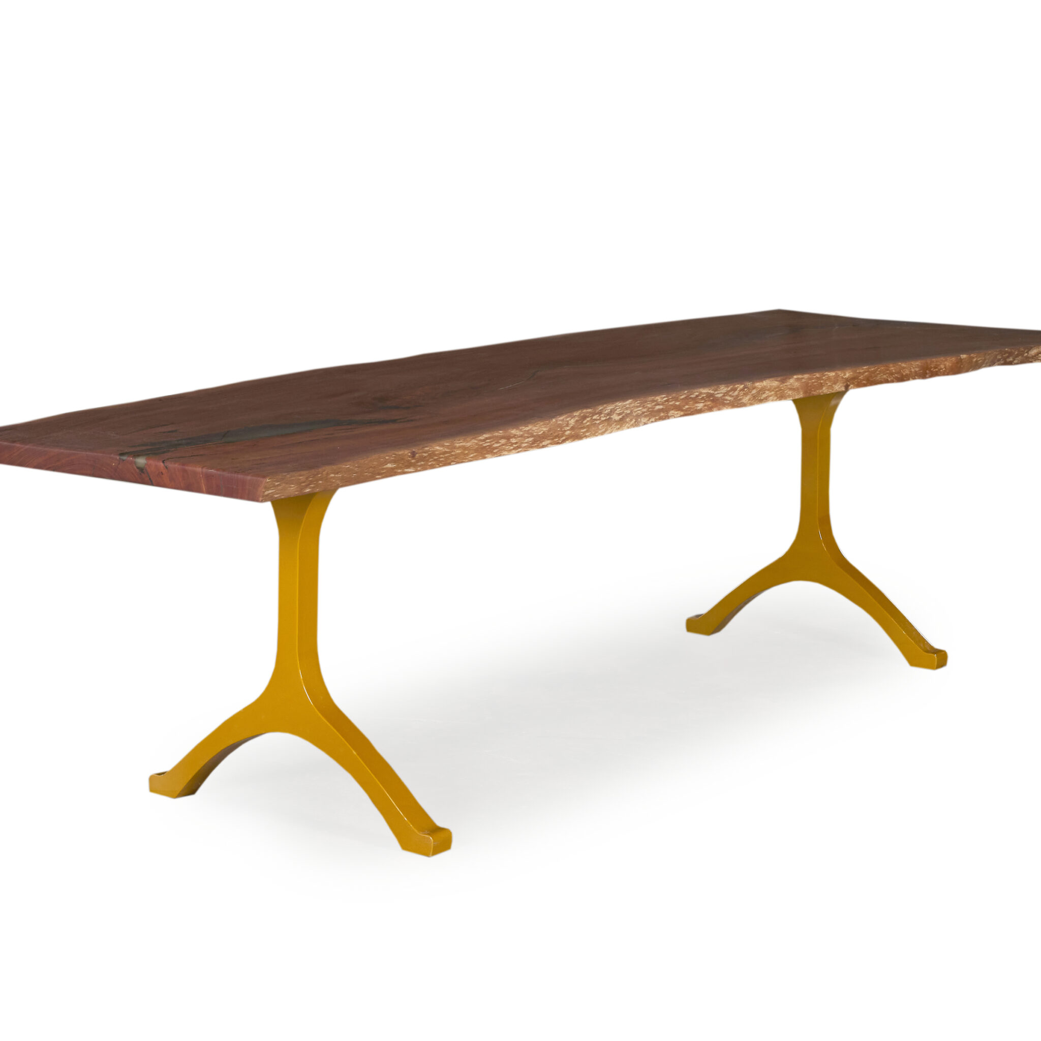 Mosman Dining Table - Redgum timber, natural edge design, Wishbone Leg Gold base
