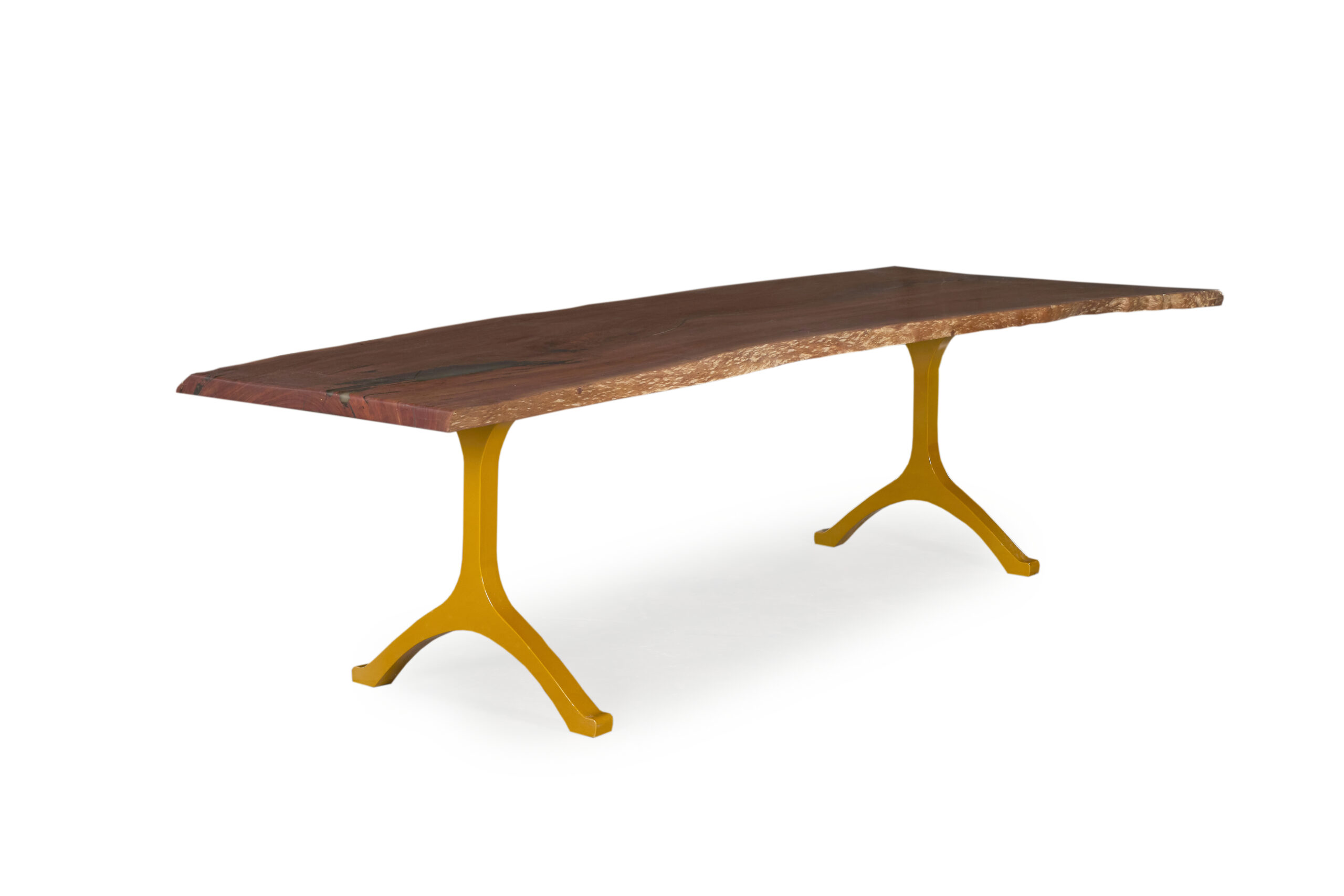 Mosman Dining Table - Redgum timber, natural edge design, Wishbone Leg Gold base