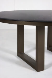 Porcelain Outdoor Round Dining Table with marble top and customizable timber or steel base by Arranmore Furniture.