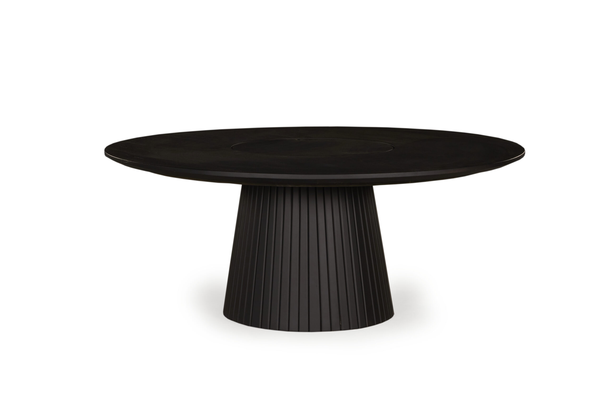 Surry Hills Round Dining Table featuring brushed black American Oak construction, 1800mm diameter, undercut bevel edge, and built-in lazy Susan. Supported by a flat ribbed base.