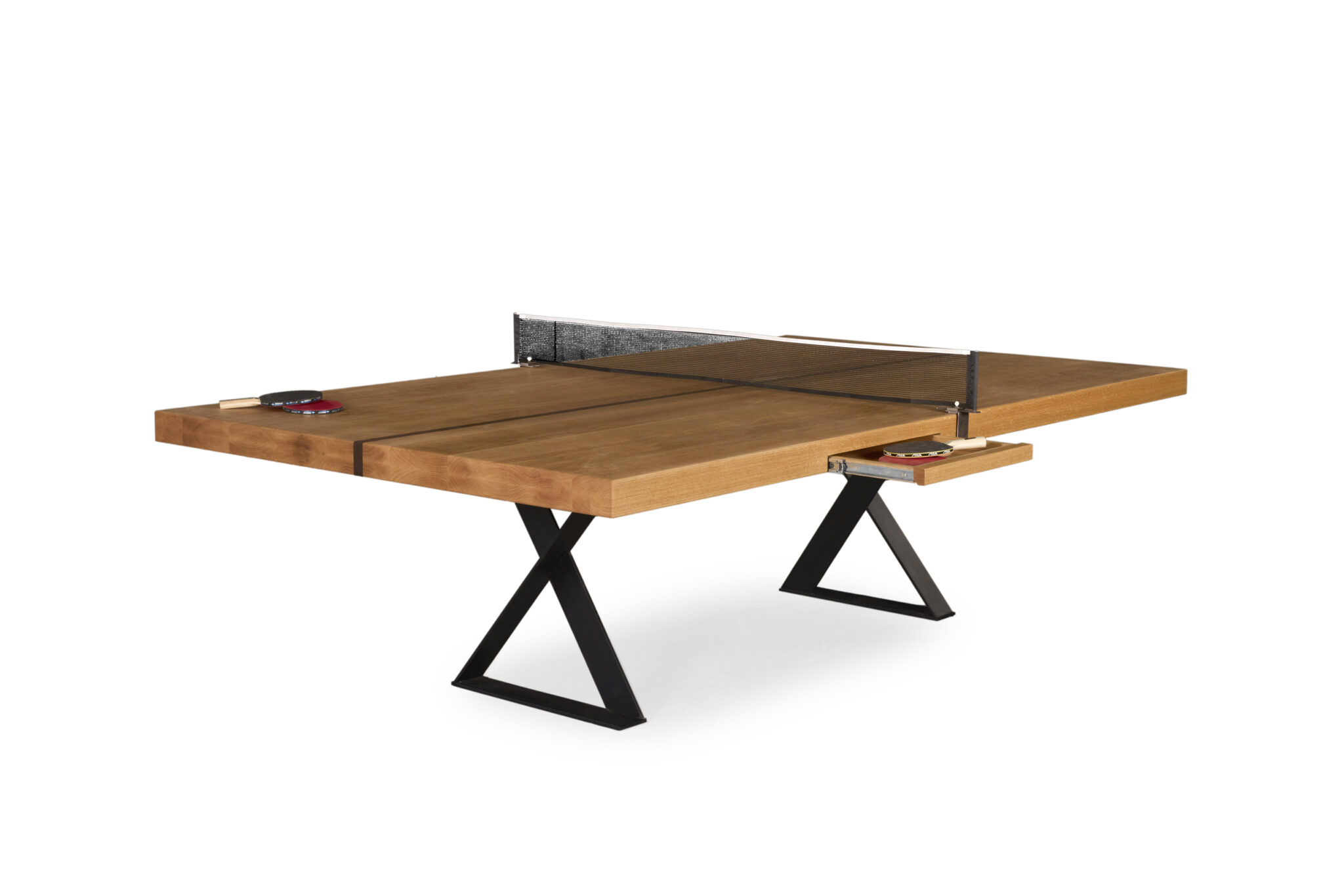 Wimbledon Dining Table, a versatile piece crafted from Oak, Victoria Ash, and Walnut Natural timbers, serving as both a dining table and table tennis table. Measures 2750mm x 1530mm x 750mm.